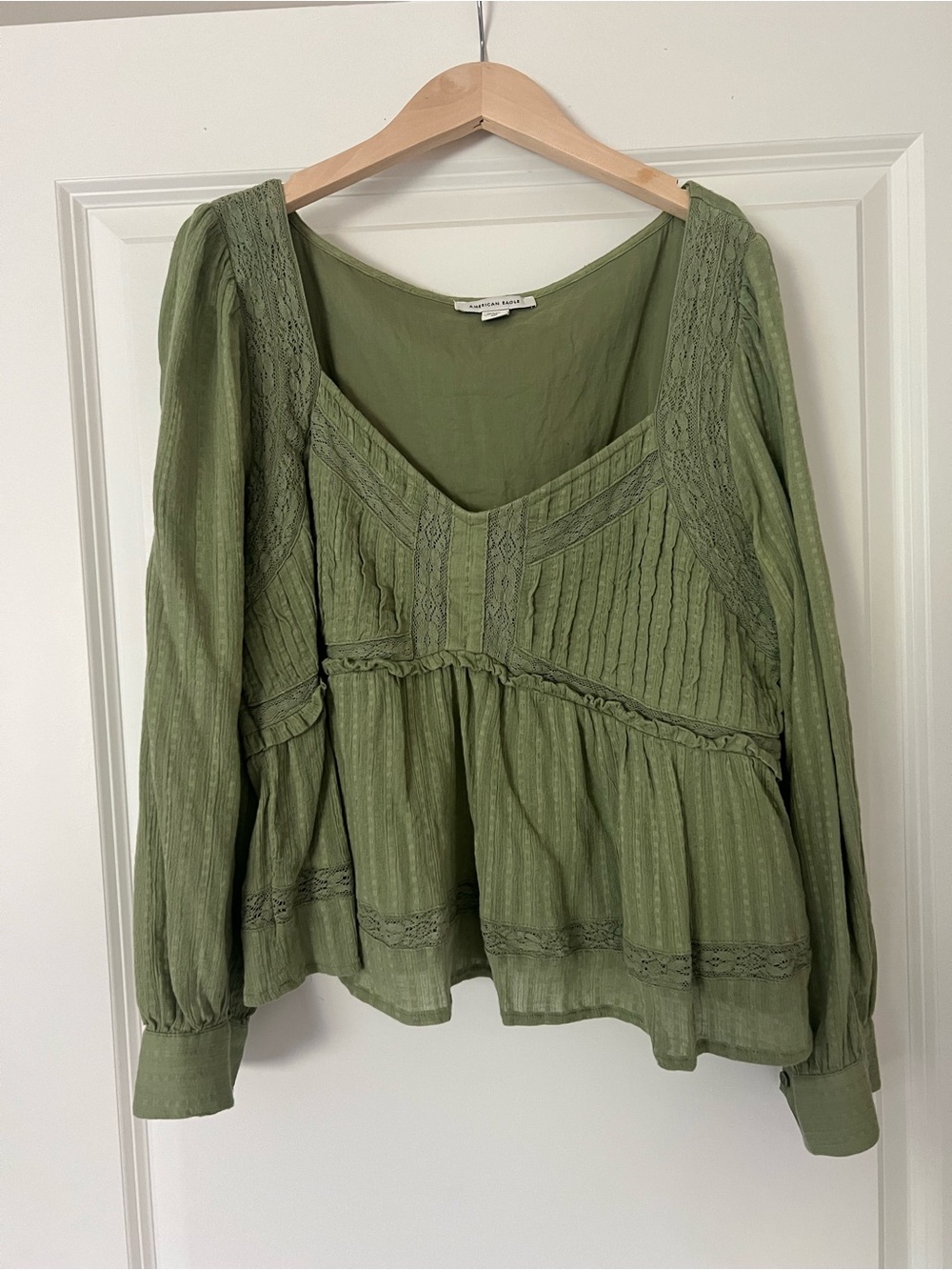 American Eagle Olive Green Peplum Lace-Trim Blouse